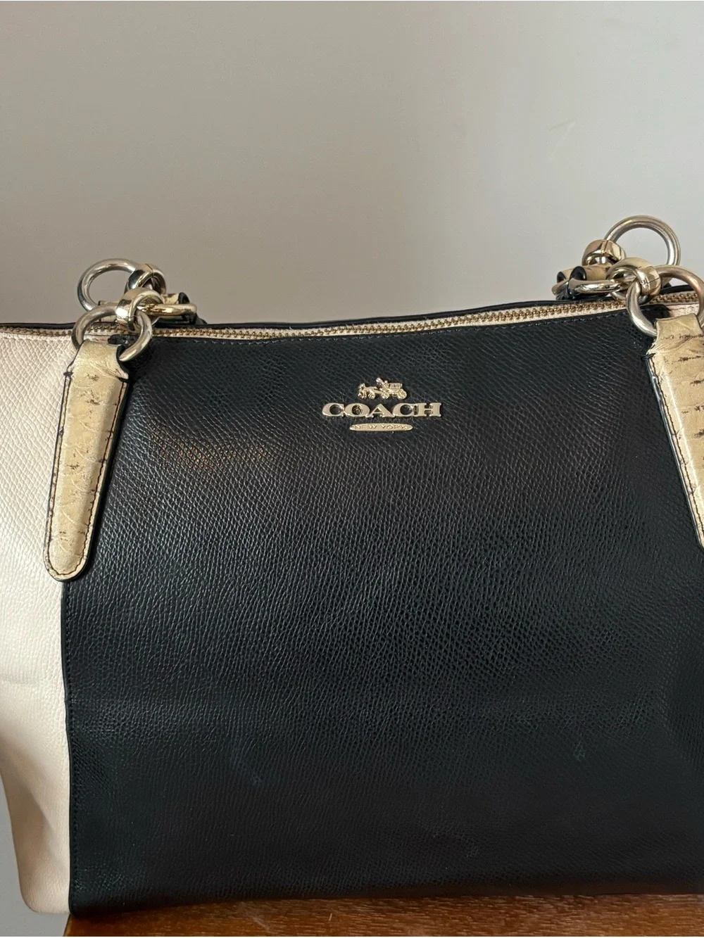 Coach Black and White Leather Shoulder Bag with Gold Hardware